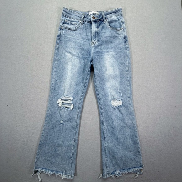 Risen Jeans Denim - Risen Womens Jeans Straight Leg Light Wash Distressed Raw Hem 7/28
